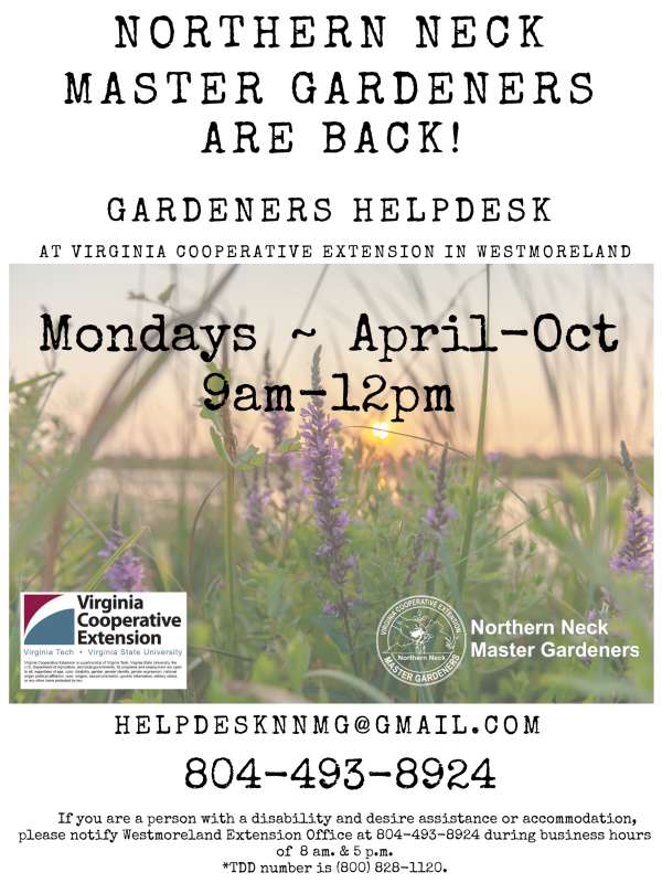 Northern Neck Master Gardeners flyer with available days